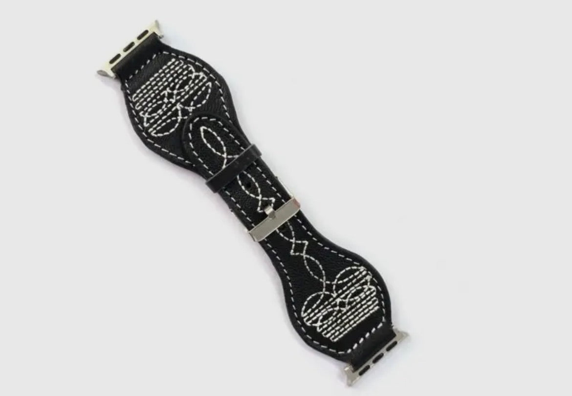 Western roots with a modern twist. Featuring a timeless boot stitch design across a sleek black genuine leather band for a look that’s unmistakably southern. It’s the perfect balance of rugged charm and everyday style. Exclusive to our SSB Underground secret shop! 
Fits Apple Watchband Series 3, 4, 5, 6, 7, 8, 9, 10 and SE
42mm, 44mm and 45mm

 
