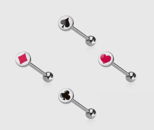 Lucky You tongue ring

Play your cards right. The Lucky You tongue ring features sleek card inspired icons for a bold playful pop. Whether you’re feeling sweet, lucky or a little dangerous this piece adds just the right amount of attitude. Hidden inside SSB Underground this exclusive tongue ring is for those who know when to show their hand and when to keep them guessing. 

Material: 316L SURGICAL STEEL/Alloy
Sold By: PIECE
Thickness: 14GA (1.6MM)
Length: 5/8" (16MM)
Ball Size: 5MM 
Made in the USA
Final Sa